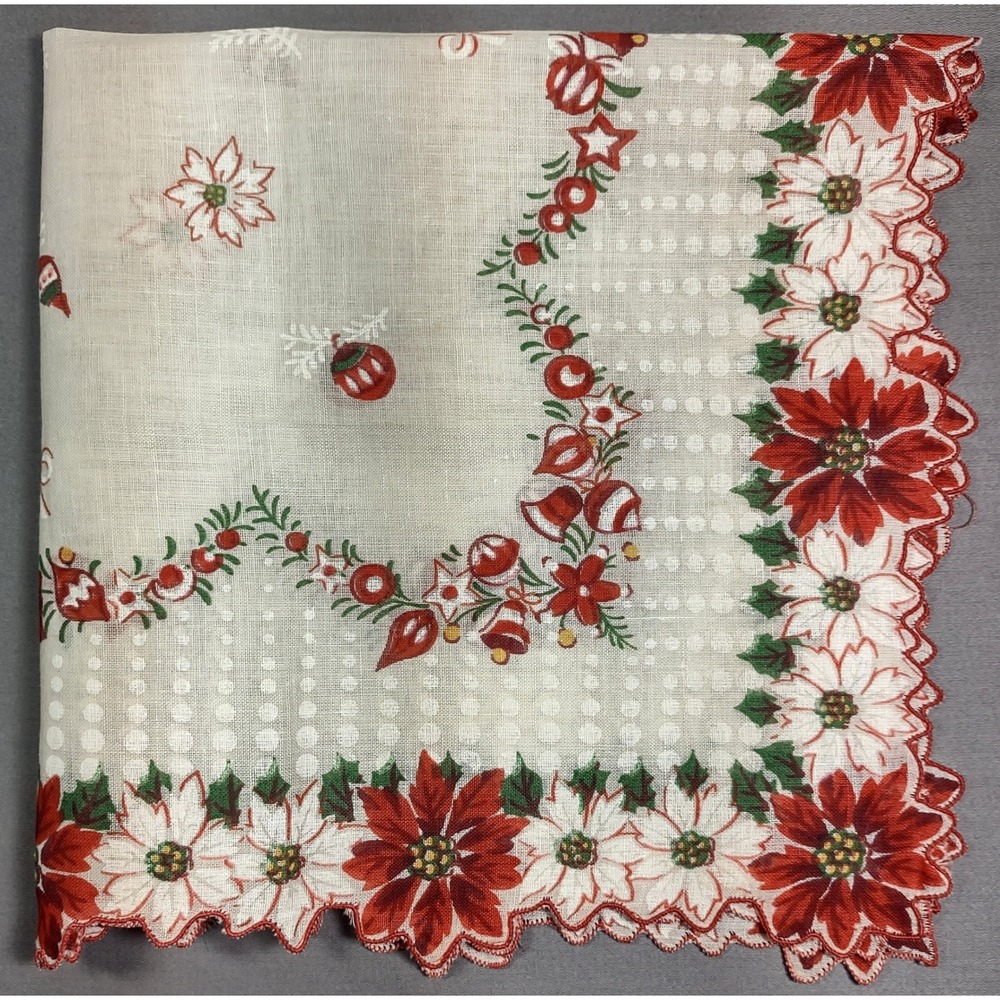 Vtg Christmas Hanky Poinsettia Holly Ornament Scalloped Edge 13.5 x 14